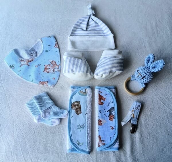 Set BabyShower "Mundo de Zoe" Ternura en Celeste y Rayitas. 7 Piezas