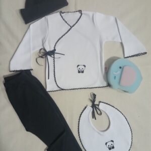 Conjunto de Recibimiento RN 0 a 3 Meses. 4 Piezas. Combinado Blanco y Negro. Lazos